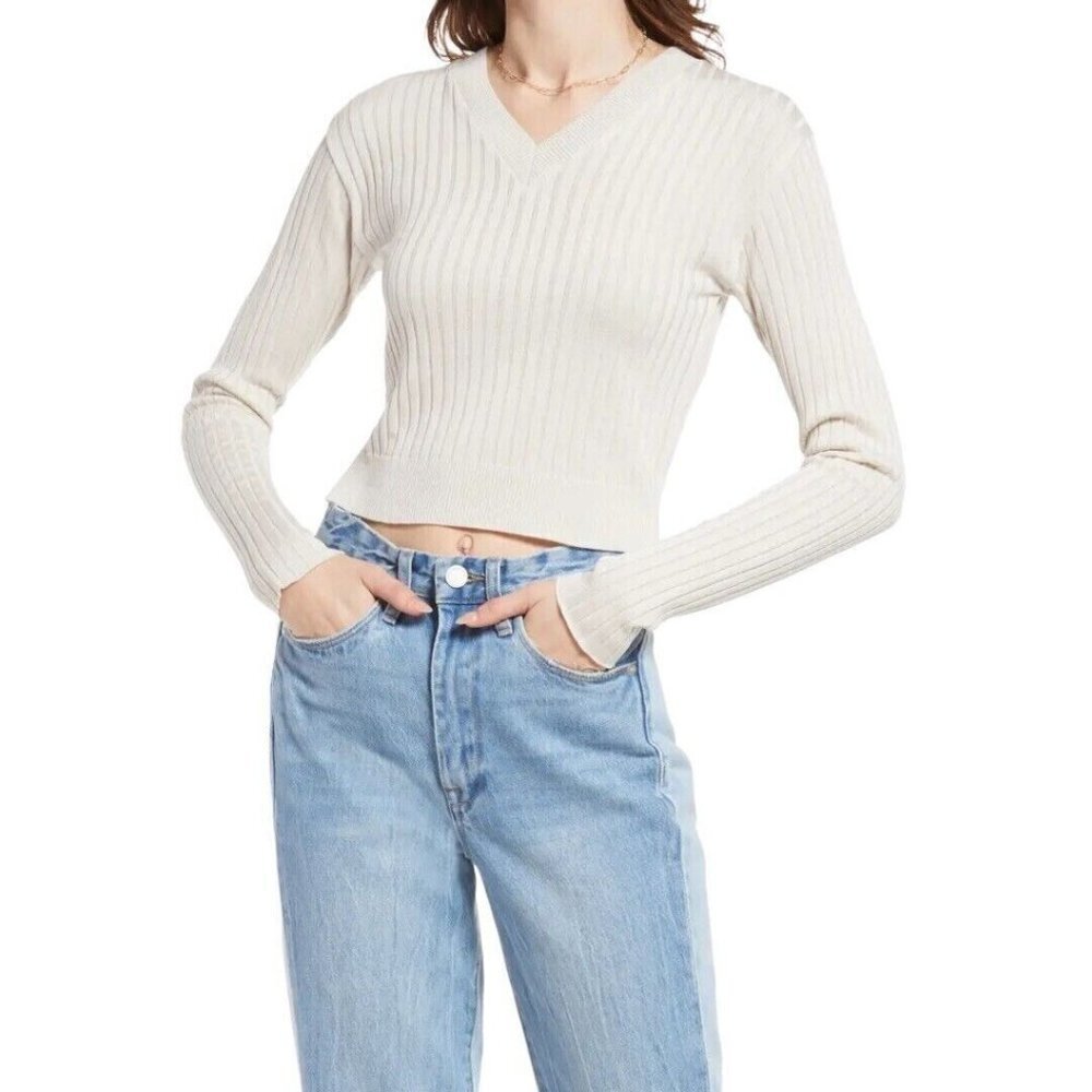BP Womens Size XS Long Sleeve Reagan Rib Cropped V-Neck Sweater Ivory 361